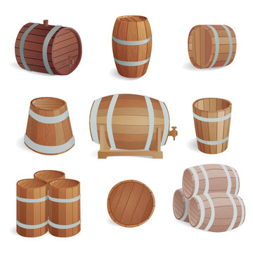 Row of wooden barrels of tawny portwine in cellar. Vintage old style wooden barrels oak storage container. Wooden barrels keg vintage beer cask drink rustic ferment store tradition container vector.