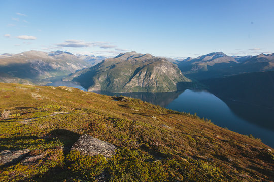 Hiking in Norway, classic norwegian scandinavian summer mountain norwegian landscape 