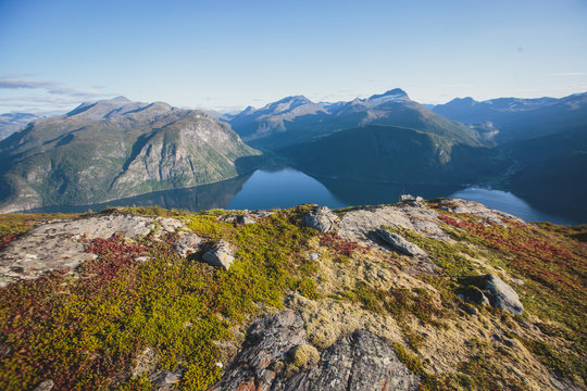 Hiking in Norway, classic norwegian scandinavian summer mountain norwegian landscape 