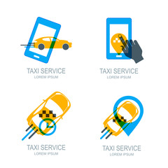 Set of vector online taxi service logo, icons and symbol. Human hand with mobile phone. Taxi app concept. Taxi cab location point. Call taxi via smartphone.
