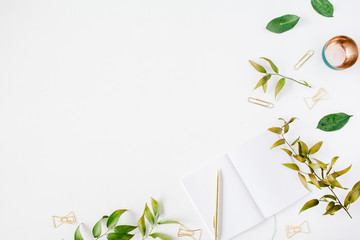 feminine home office workspace mockup with branches, golden pen, clips. flat lay, top view