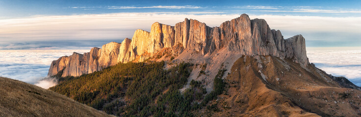 Naklejka premium Rocky bastion of Bolshoy (Big) Tkhach mountain in Caucasus