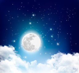 Night nature sky background with full moon, cloud and stars. Vec
