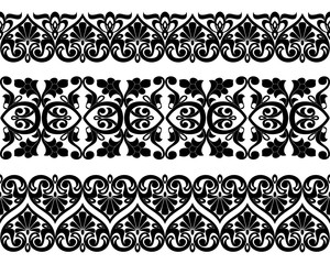 Vector set of Asian seamless tape, ribbon patterns in the form of cotton flower in Uzbek national  style. Black templates on white background.