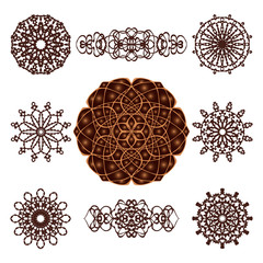 Vector set of round mandala patterns and ribbon elements. Geometric templates for creating festive invitations, holiday, Indian and Arabic design, kaleidoscope.
