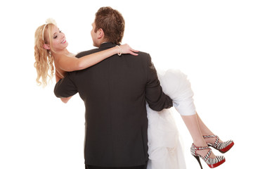 Wedding day. happy bride and groom on white