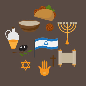 Set of jewish traditional symbols and food, israel religios judaism objects in flat style. Jew culture. David star, minora and anchovy. Falafel and hummus,