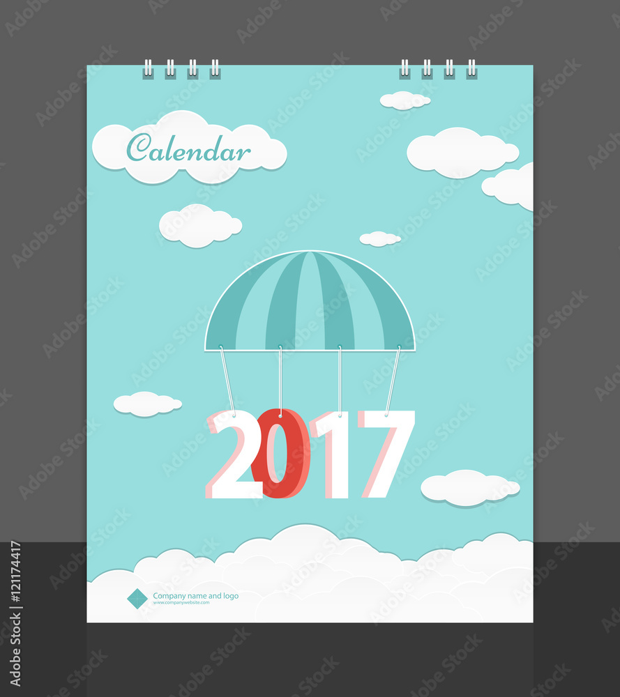 Aufkleber desk calendar 2017 cover design template for corporate business. 2017 parachute jump into the cloud 
