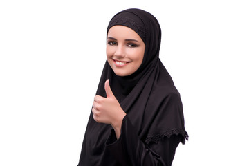 Muslim woman in black dress isolated on white