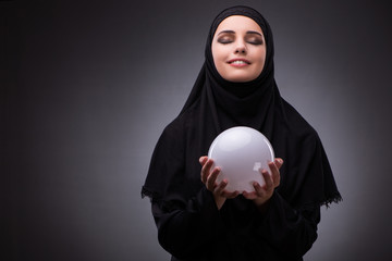 Muslim woman in black dress against dark background