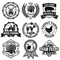Fototapeta premium Farm food vector labels set, with mill, vegetables, pig, house, cow, chicken, fruits, tractor.