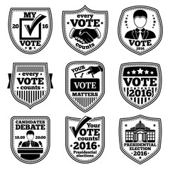 Naklejka premium Vector set of vote labels. For presidential election, debates, ads etc.