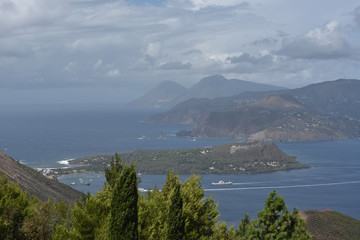 Fototapeta na wymiar Aeolian islands view, from Capo Grillo, Volcano island, Sicily, Italy