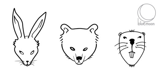 rabbit or hare, bear and beaver faces or masks in black and white vector illustration