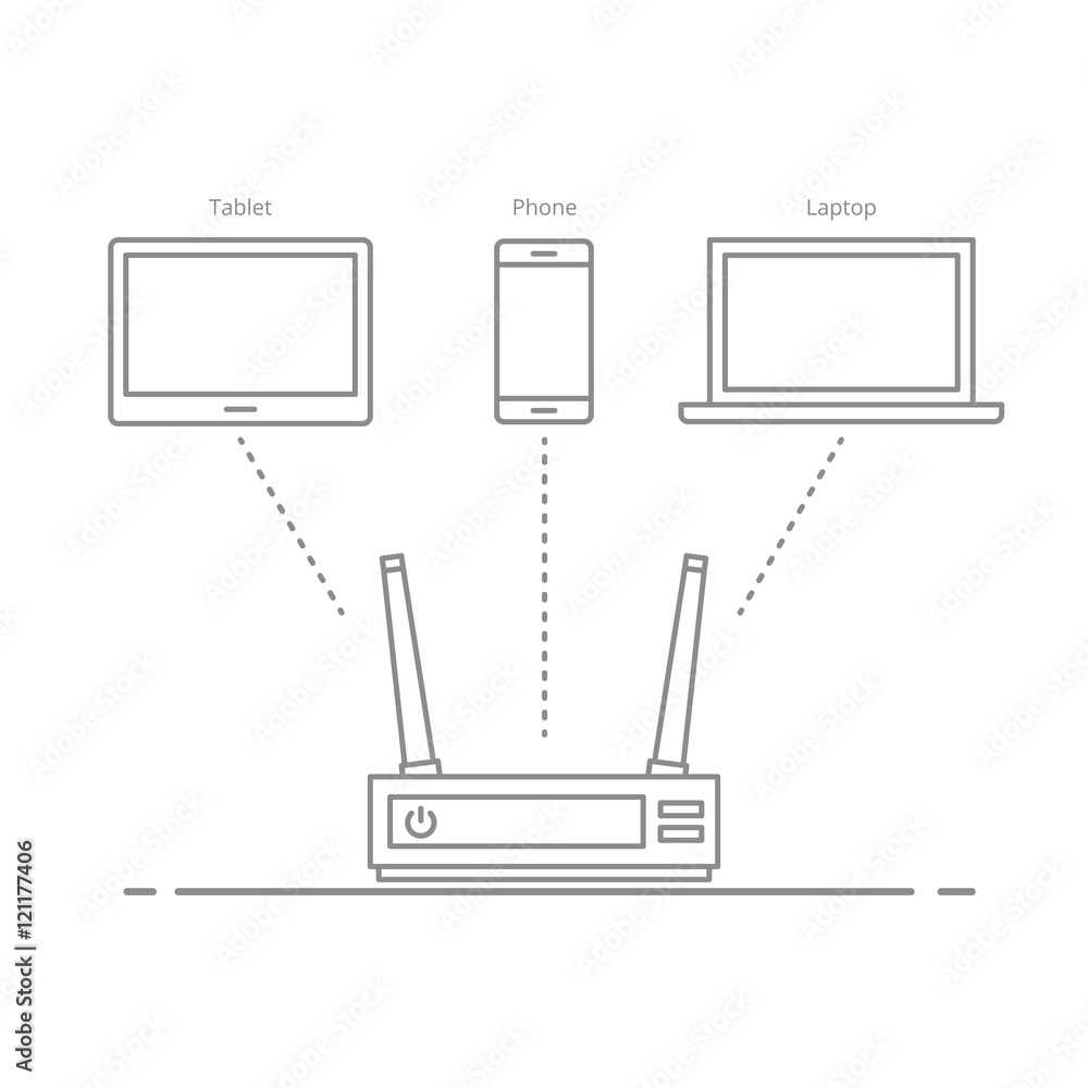 Poster concept of the work of the router in the office or at home. connecting electronic devices to the int