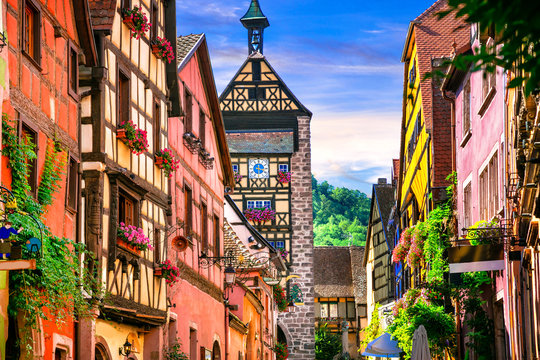 Most beautiful villages of France - Riquewihr in Alsace. Famous "vine rote"