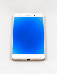 Modern smartphone with blank blue screen, isolated on white back