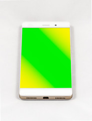 Modern smartphone with blank green screen, isolated on white bac