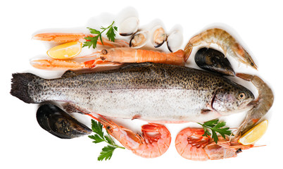 Uncooked fish and seafood, above view.