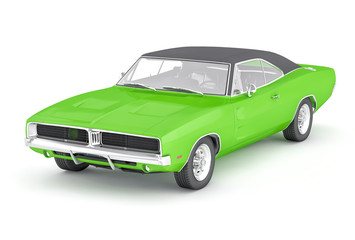 3D Isolated Green Muscle Car. 1970s American Vintage.