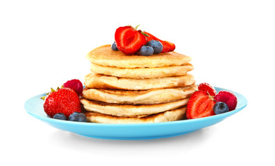Tasty pancakes with fresh berries on plate, isolated on white