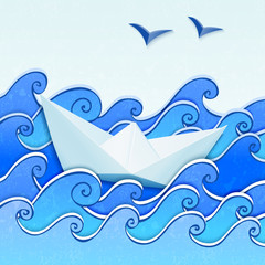 Paper boat in the blue sketched sea