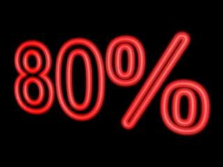 Neon 80 percent isolated on black, 3d illustration