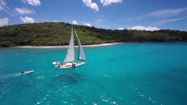 aerial video of group of people sailing and relaxing, St John, United States Virgin Islands