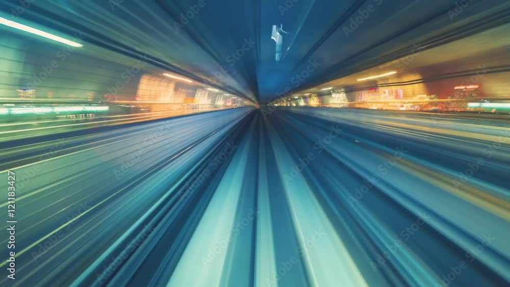 Poster point of view time-lapse through tokyo tunnels via the automated monorail guideway transit system (a