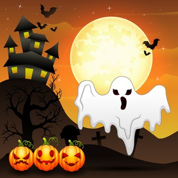 Halloween background with flying ghost and pumpkins character