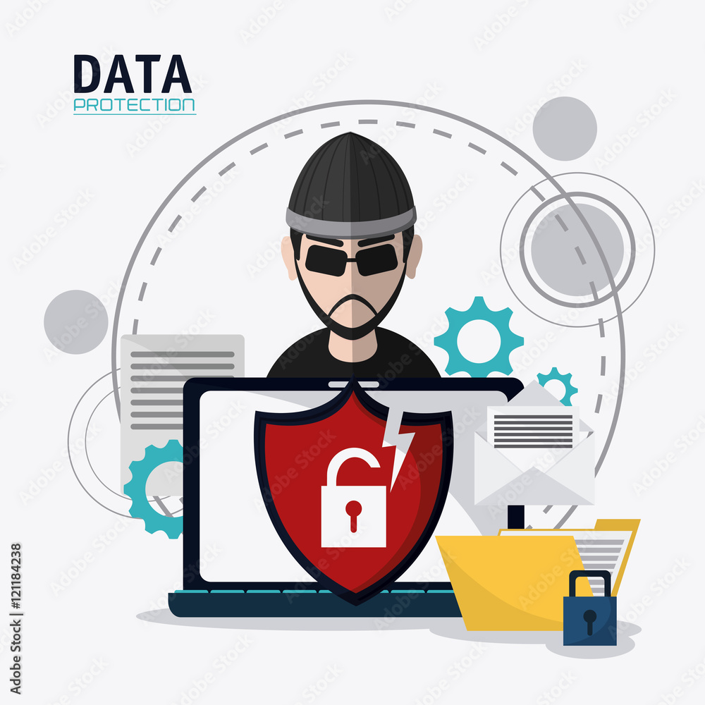 Poster hacker thief shield file padlock and laptop icon. data protection cyber security system and media th
