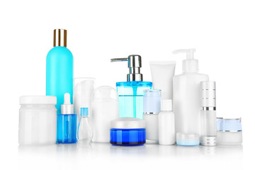 Different cosmetic bottles isolated on white