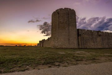 Sunset over the wall in old city Aigues-Mortes, Provence, France.