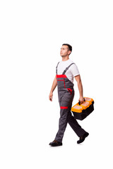 Young man with toolkit toolbox isolated on white