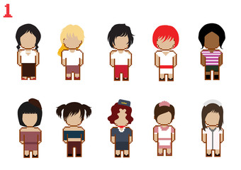 Set of pixel art women people ; vector illustration