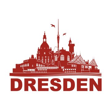 Dresden Deutschland Skyline Silhouette Wandtattoo Umriss Semperoper Zwinger Frauenkirche Fernsehturm Bogensch&uuml;tze Dampfer Fichteturm Blaues Wunder Br&uuml;cke Sachsen Sehensw&uuml;rdigkeiten Panorama