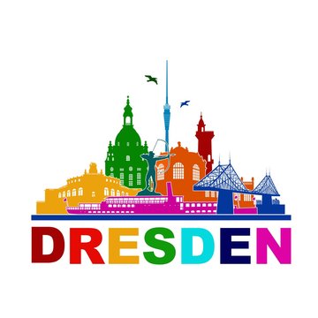 Wandtattoo Dresden Deutschland Skyline Silhouette Umriss Semperoper Zwinger Frauenkirche Fernsehturm Bogensch&uuml;tze Dampfer Fichteturm Blaues Wunder Br&uuml;cke Sachsen Sehensw&uuml;rdigkeiten Panorama