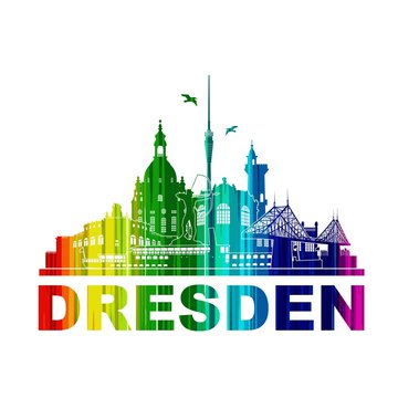Dresden Deutschland Skyline Silhouette Wandtattoo Umriss Semperoper Zwinger Frauenkirche Fernsehturm Bogensch&uuml;tze Dampfer Fichteturm Blaues Wunder Br&uuml;cke Sachsen Sehensw&uuml;rdigkeiten Panorama Regenbogen