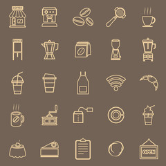 Coffee shop line color icons on brown background