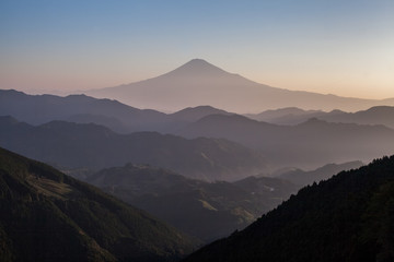 Beautiful sunrise time of Mountain Fuji in autumn season seen from Mountain Takayama , Shizuoka prefecture