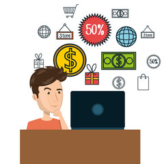 cartoon man e-commerce laptop desk isolated design, vector illustration  graphic 