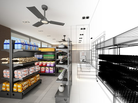 sketch design of supermarket ,3d  rendering