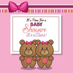 invitation baby shower twins girl pink bear vector illustration eps 10