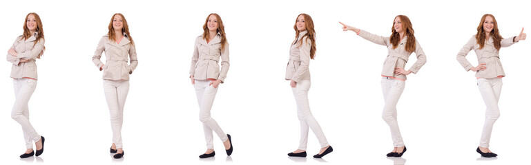 Happy woman in winter clothing isolated on white