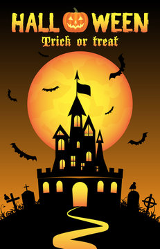 Halloween background with old castle in graveyard 