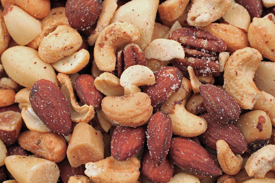 A close up image of mixed nuts