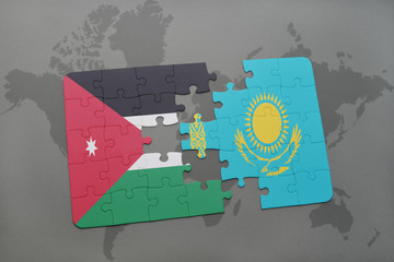 puzzle with the national flag of jordan and kazakhstan on a world map background.