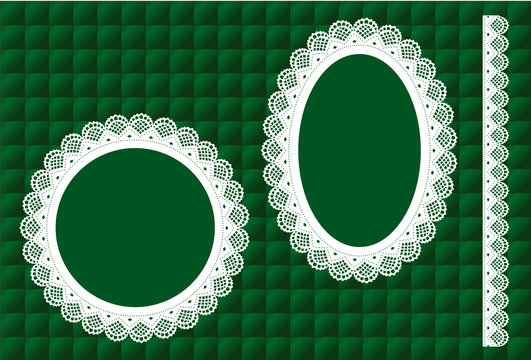 Lace Doily Picture Frames, vintage lace ribbon trim, green satin quilt background, copy space for DIY holiday albums. EPS8 includes quilt pattern swatch that will seamlessly fill any shape.