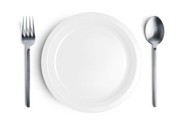 White plate with silver fork and spoon with clipping path