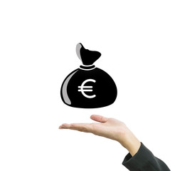 Closeup a money bag in euro currency on working woman hand isolated on white background in business concept with clipping path